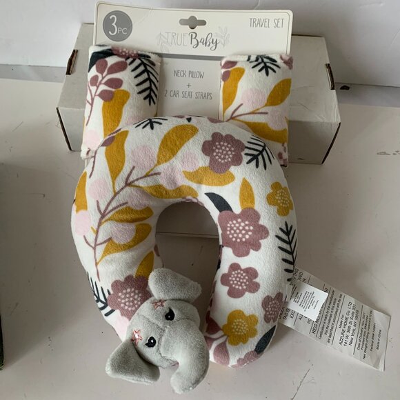 TRUE BABY 3 PIECES TRAVEL SET ELEPHANT NECK PILLOW AND 2 CAR SEAT STRAPS NEW - Picture 1 of 8